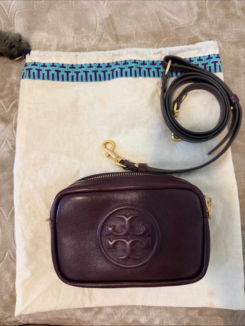 Tory Burch Burgundy Bombe Leather Crossbody Camera Bag
